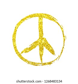 Vector grunge illustration of hand drawn shabby peace sign with golden dust isolated on the white background. 