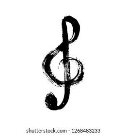 Vector grunge illustration of hand drawn black treble clef isolated on the white background.