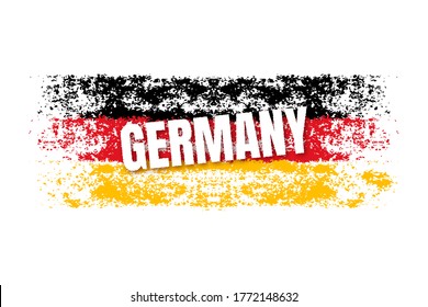 Vector grunge illustration of hand drawn german flag with name of country isolated on white background. Black, red and yellow brush strokes with text.