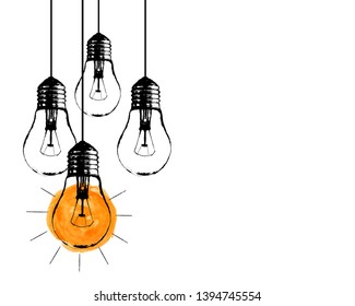 Vector grunge illustration with hanging light bulbs and place for text. Modern hipster sketch style. Unique idea and creative thinking concept.