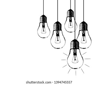 Vector grunge illustration with hanging light bulbs and place for text. Modern hipster sketch style. Unique idea and creative thinking concept.