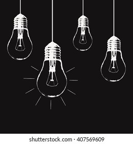 Vector grunge illustration with hanging light bulbs and place for text. Modern hipster sketch style. Unique idea and creative thinking concept.