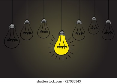 Vector grunge illustration with hanging light bulbs and place for text. Modern hipster sketch style. Unique idea and creative thinking concept.
