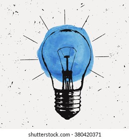 Vector grunge illustration with light bulb. Modern hipster sketch style. Idea and creative thinking concept.