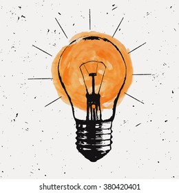 Vector grunge illustration with light bulb. Modern hipster sketch style. Idea and creative thinking concept.