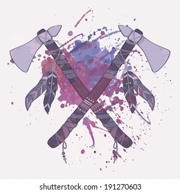 Vector grunge illustration of native American Indian tomahawks with watercolor splash