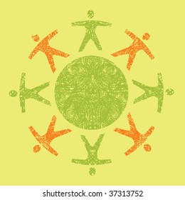 Vector grunge illustration of  People on the earth show idea of ecology, connection, peace