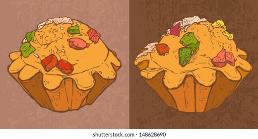 vector grunge illustration of two cupcakes with fruit pieces
