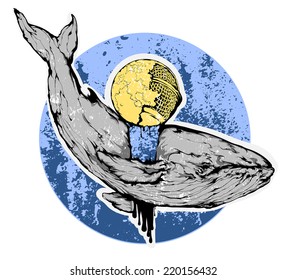 Vector grunge illustration - Whale flying through the sky