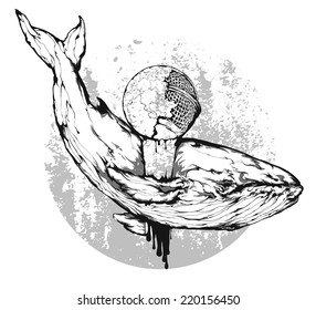 Vector grunge illustration - Whale flying through the sky