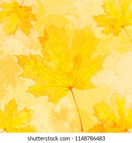 Vector grunge illustration with yellow maple leaves for autumn background.