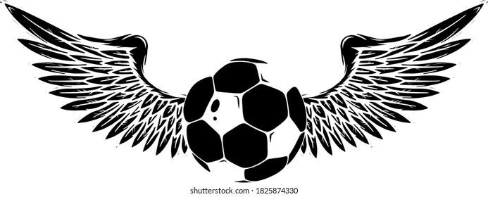 vector Grunge image with winged soccer ball black silhouette