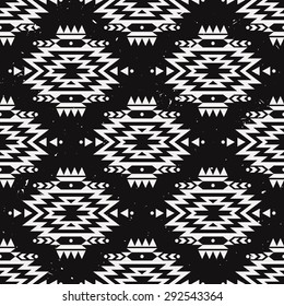Vector grunge monochrome seamless decorative ethnic pattern. American indian motifs. Background with aztec tribal ornament.