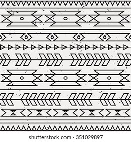 Vector grunge monochrome seamless decorative ethnic pattern. American indian motifs. Background with aztec tribal ornament. Boho style.