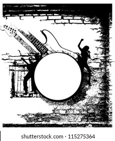 Vector grunge music background with guitar and people silhouette