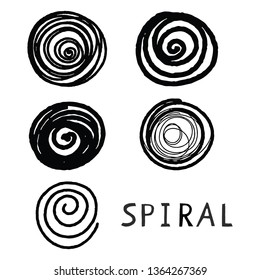 Vector grunge organic ink textured spiral elements set . Abstract swirl motion brush stroke. Overlay artistic clip shape illustration. Grungy aged distressed moving curve. Uneven twirl circle design.