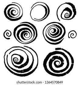 Vector grunge organic ink textured spiral elements set . Abstract swirl motion brush stroke. Overlay artistic clip shape illustration. Grungy aged distressed moving curve. Uneven twirl circle design.