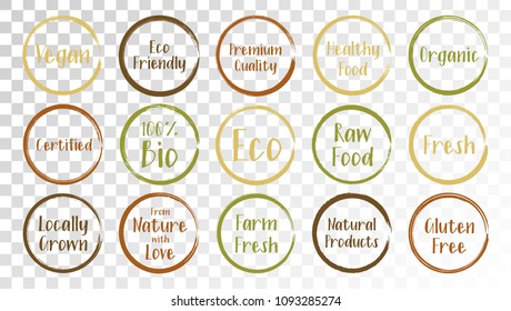 Vector grunge organic labels, eco stamps for restaurants menu, natural products packaging. Fresh raw food vegan gluten free eco friendly premium quality locally grown organic healthy food labels.