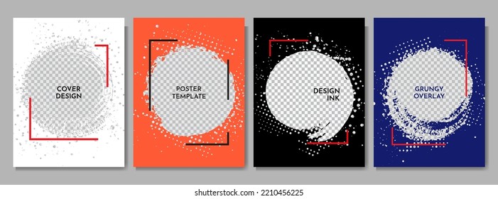 Vector grunge overlay. Hand drawn abstract frame set. Ink brush strokes mess. Design for flyer, poster, invitation, gift card, coupon, book cover. Banner overlay. Retro background collection. Halftone