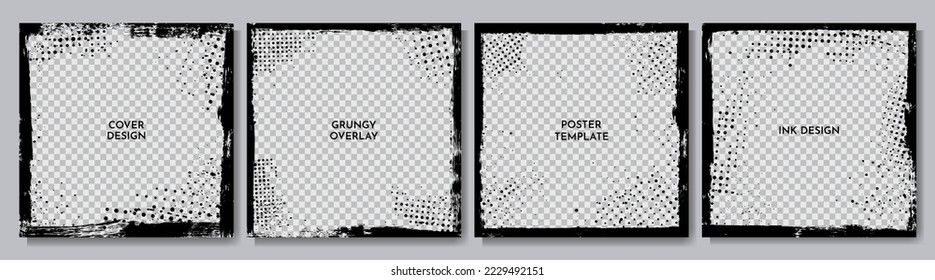 Vector grunge overlay. Hand drawn abstract frame set. Ink brush strokes mess. Design for social media template, web banner, blog post. Banner halftone overlay. Retro vintage background collection