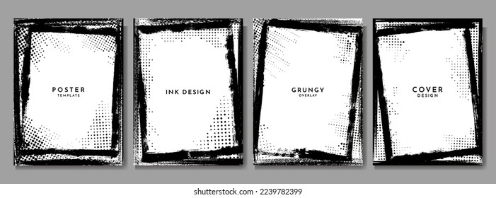 Vector grunge overlay. Hand drawn abstract frame set. Ink brush strokes mess. Design for poster, invitation, gift card, coupon, book cover. Banner halftone overlay. Retro vintage background collection