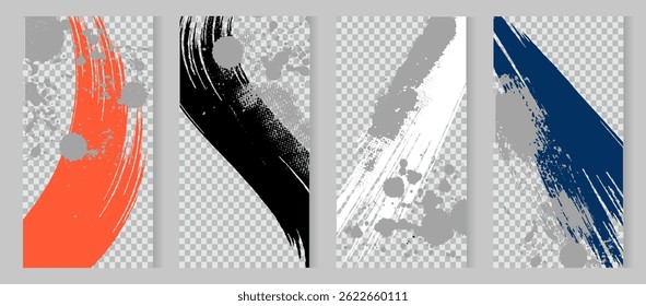 Sobreposição grunge vetorial. Conjunto de quadros abstratos desenhados à mão. Pincelada de tinta pincelada bagunça. Design para folheto, cartaz, convite, cartão de presente, cupom, capa de livro. Sobreposição de banner