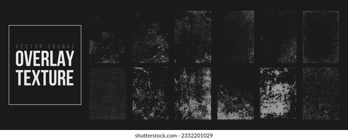 Vector grunge overlay textures with dust grain isolated on black background. Distressed retro banner frame. Set of wall paint brush stroke, ink splash and grungy decoration elements for social media.