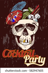 Vector grunge poster of a Cuba libre with paper umbrellas in a skull. Cocktail party emblem, vintage hand-drawn style.