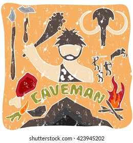 vector grunge poster of paleo food and caveman theme