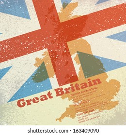 Vector grunge retro design - Great Britain map on flag background