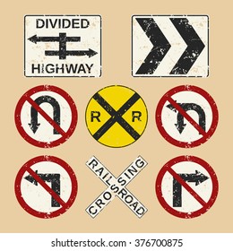 Vector grunge roadsign set consists of "Divided Highway", "Chevron roundabout directional", "Railroad Crossing Ahead",  "Railroad Crossing", "No Left or U-turn" and other turn signs for your projects.