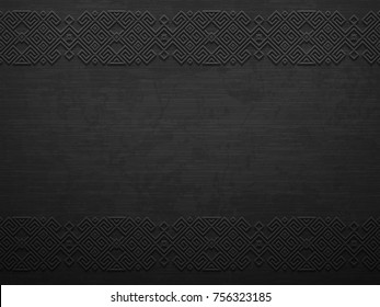 Vector grunge rough dark metal background with scandinavian pattern. Iron material brutal ethnic geometric pattern in norwegian style. Slavic pagan design. Blacksmith viking epic legendary impression