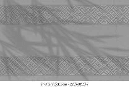 Vector grunge rough gray concrete background with viking epic scandinavian pattern, leaves shadow overlay. Exposed art concrete brutal ethnic geometric pattern in norwegian style. Slavic pagan design