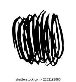 Vector grunge round brush. Black stroke, stain, ink, tangled image. A dirty artistic hand-drawn element isolated on white background. Circle paintbrush touch, smear, blot, dot. Vector illustration