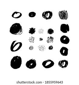 Vector grunge round brushes Set. Black strokes, stains, ink, dry brush collection. Dirty artistic hand-drawn elements isolated on white background. Circle paintbrush touch, line, stripes, smear, dot