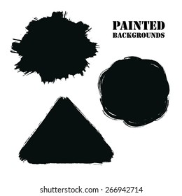 Vector Grunge Round, Triangle and Burst Backgrounds Set. Natural artistic banners painted with brush strokes for your text. Distress texture template, label, badge or frame, isolated, black on white