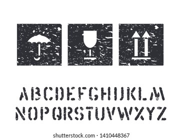 Vector grunge rubber box signs and cargo alphabet for logistics, cargo. Glass, umbrella, arrow standard black icons isolated