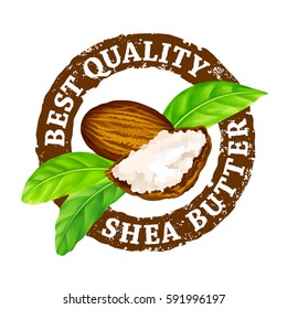 Vector grunge rubber stamp "Best quality shea butter" on a white background.
Shea nuts, butter and green leaves.