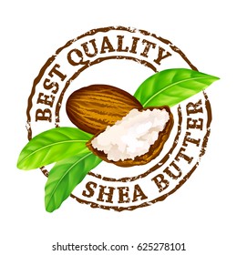 Gummistempel "Beste Qualität der Sheabutter" auf weißem Hintergrund.
Schalenfrüchte, Butter und grüne Blätter.