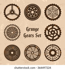 Vector grunge rusty gears set in steam punk style. 8 steam punk cogwheels on grungy backdrop with text "Grunge Gears Set". Fully editable file for your projects.