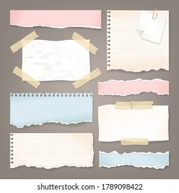 Vector grunge scrapbooking set of colorful paper pieces with torn edges. Collection of ripped notebook sheets, copybook pages, sticky tape and pin 