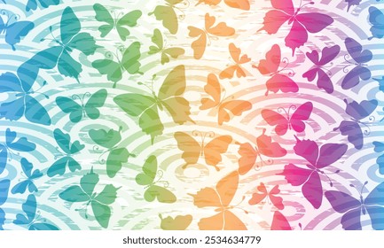 Patrón floral del arco iris dibujado a mano inconsútil del grunge del Vector con las mariposas 