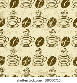 Vector grunge seamless pattern with coffee beans and cup. Hand drawn sketch illustration. Food background. Concept for cafe, restaurant, menu, shop.