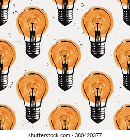 Vector grunge seamless pattern with light bulbs. Modern hipster sketch style. Idea and creative thinking concept.