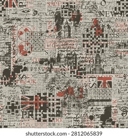 Vector grunge seamless pattern with UK or London. Page of newspaper or magazine with headings, crossword, landmark and unreadable text. Retro style. Wallpaper, wrapping paper or fabric. 
