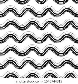 Vector grunge seamless pattern with wavy hand drawn black stripes isolated on white background. Brush strokes texture.