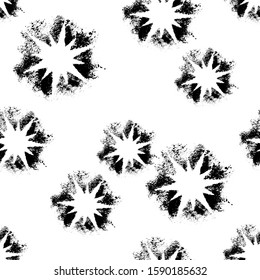Vector grunge seamless pattern with white multipath star imprints on black scattered ink. Hand drawn texture.