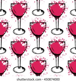 Vector grunge seamless pattern with wine glasses and splashes. Hand drawn style.