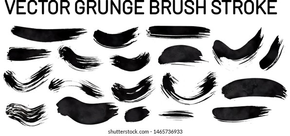 Vector Grunge Set brush strokes of black ink long thin  different in style with stains and translucent white paper texture.