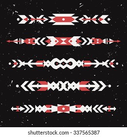 Vector grunge set of decorative ethnic borders with american indian motifs. Boho style. Tribal design elements.